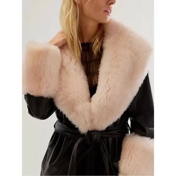FREE PEOPLE X BRENDA KNIGHT Paris Duster Lamb Leather Fur Trim Belted Size XL - Picture 2 of 10